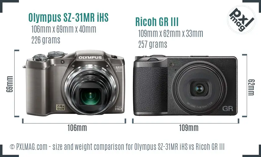 Olympus SZ-31MR iHS vs Ricoh GR III size comparison