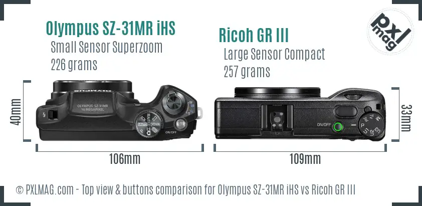 Olympus SZ-31MR iHS vs Ricoh GR III top view buttons comparison