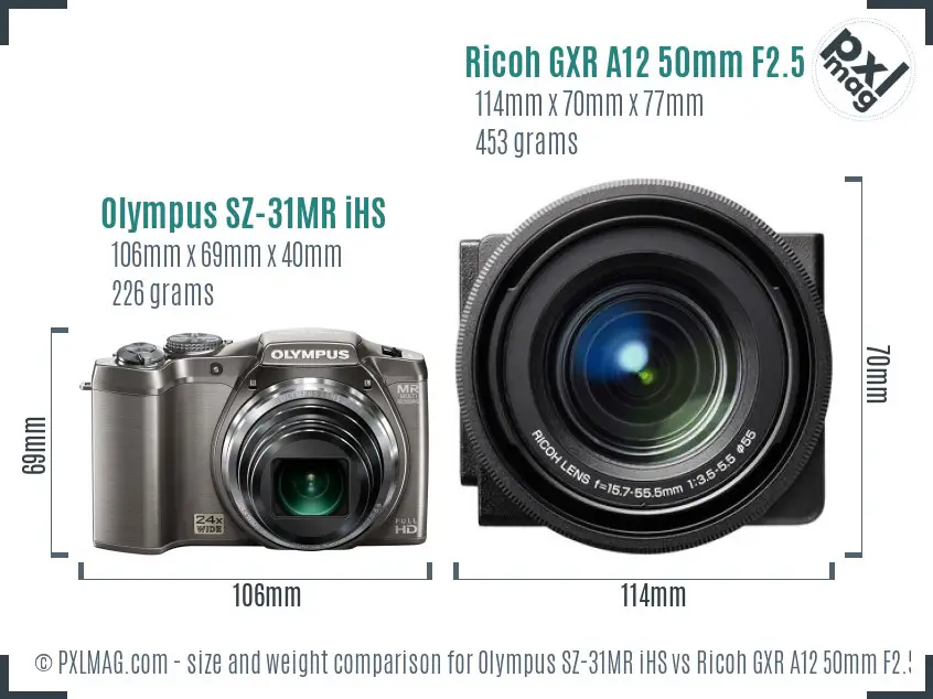 Olympus SZ-31MR iHS vs Ricoh GXR A12 50mm F2.5 Macro size comparison Olympus SZ-31MR iHS vs Ricoh GXR A12 50mm F2.5 Macro size comparison