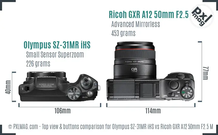 Olympus SZ-31MR iHS vs Ricoh GXR A12 50mm F2.5 Macro top view buttons comparison Olympus SZ-31MR iHS vs Ricoh GXR A12 50mm F2.5 Macro top view buttons comparison