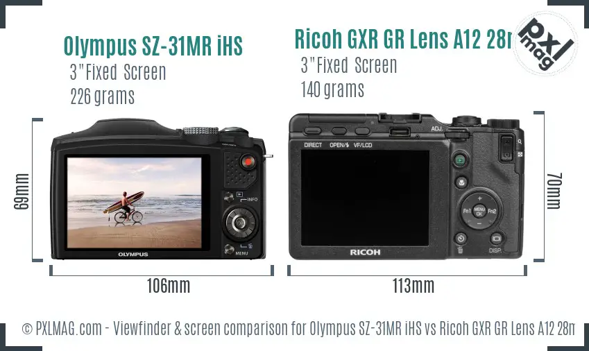 Olympus SZ-31MR iHS vs Ricoh GXR GR Lens A12 28mm F2.5 Screen and Viewfinder comparison Olympus SZ-31MR iHS vs Ricoh GXR GR Lens A12 28mm F2.5 Screen and Viewfinder comparison