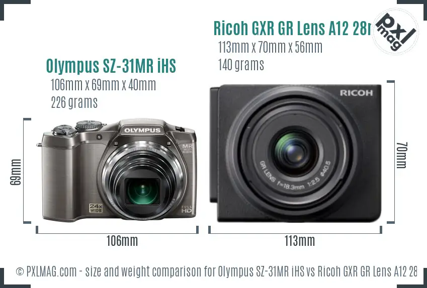 Olympus SZ-31MR iHS vs Ricoh GXR GR Lens A12 28mm F2.5 size comparison Olympus SZ-31MR iHS vs Ricoh GXR GR Lens A12 28mm F2.5 size comparison