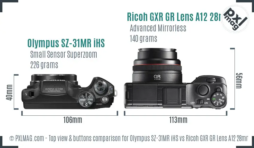 Olympus SZ-31MR iHS vs Ricoh GXR GR Lens A12 28mm F2.5 top view buttons comparison Olympus SZ-31MR iHS vs Ricoh GXR GR Lens A12 28mm F2.5 top view buttons comparison
