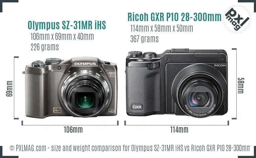 Olympus SZ-31MR iHS vs Ricoh GXR P10 28-300mm F3.5-5.6 VC size comparison Olympus SZ-31MR iHS vs Ricoh GXR P10 28-300mm F3.5-5.6 VC size comparison