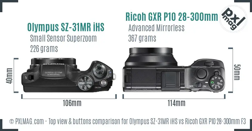 Olympus SZ-31MR iHS vs Ricoh GXR P10 28-300mm F3.5-5.6 VC top view buttons comparison Olympus SZ-31MR iHS vs Ricoh GXR P10 28-300mm F3.5-5.6 VC top view buttons comparison