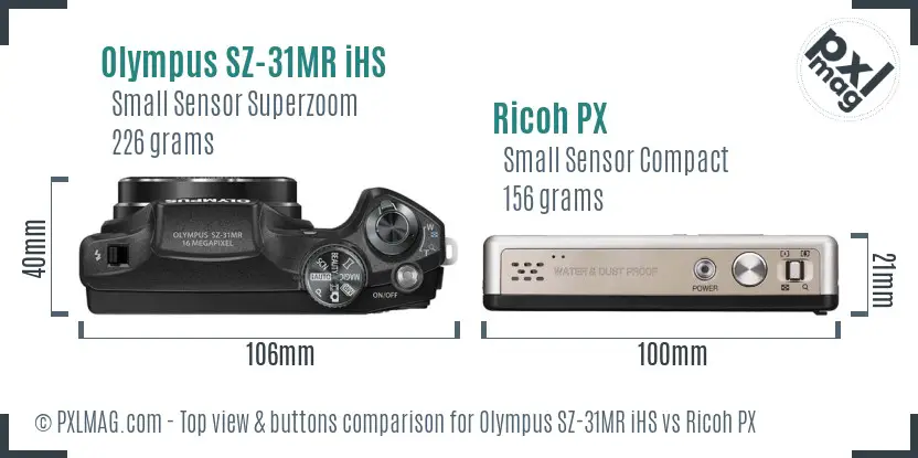 Olympus SZ-31MR iHS vs Ricoh PX top view buttons comparison