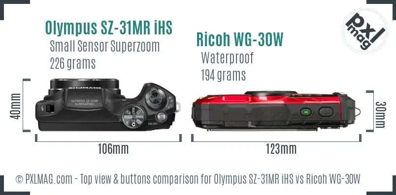 Olympus SZ-31MR iHS vs Ricoh WG-30W top view buttons comparison Olympus SZ-31MR iHS vs Ricoh WG-30W top view buttons comparison