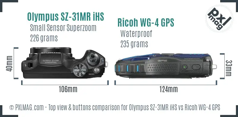 Olympus SZ-31MR iHS vs Ricoh WG-4 GPS top view buttons comparison Olympus SZ-31MR iHS vs Ricoh WG-4 GPS top view buttons comparison