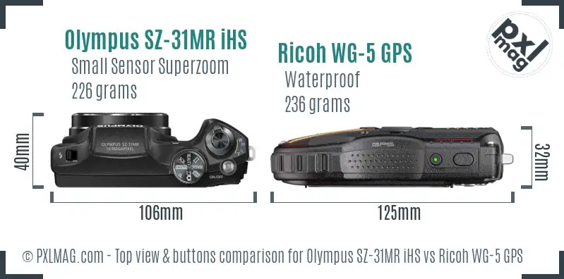Olympus SZ-31MR iHS vs Ricoh WG-5 GPS top view buttons comparison
