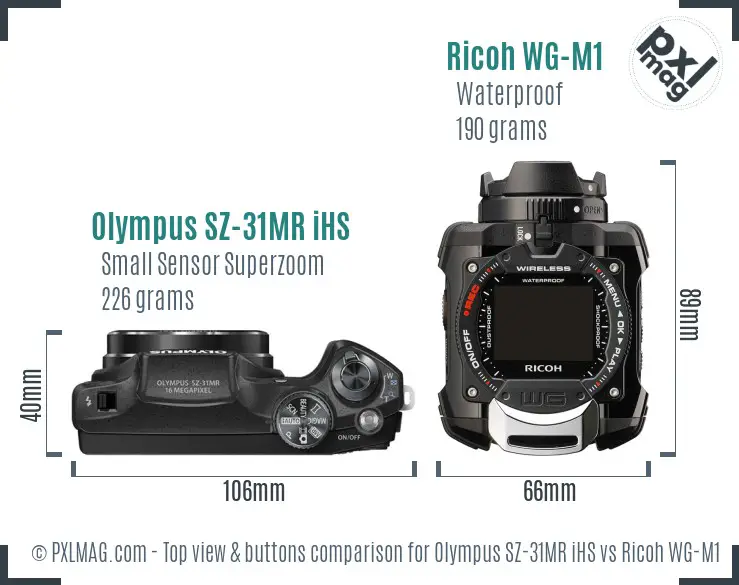 Olympus SZ-31MR iHS vs Ricoh WG-M1 top view buttons comparison