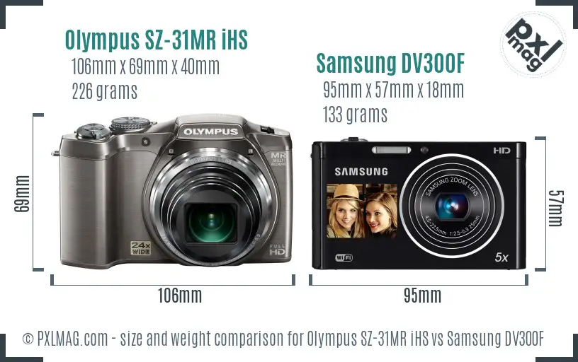 Olympus SZ-31MR iHS vs Samsung DV300F size comparison