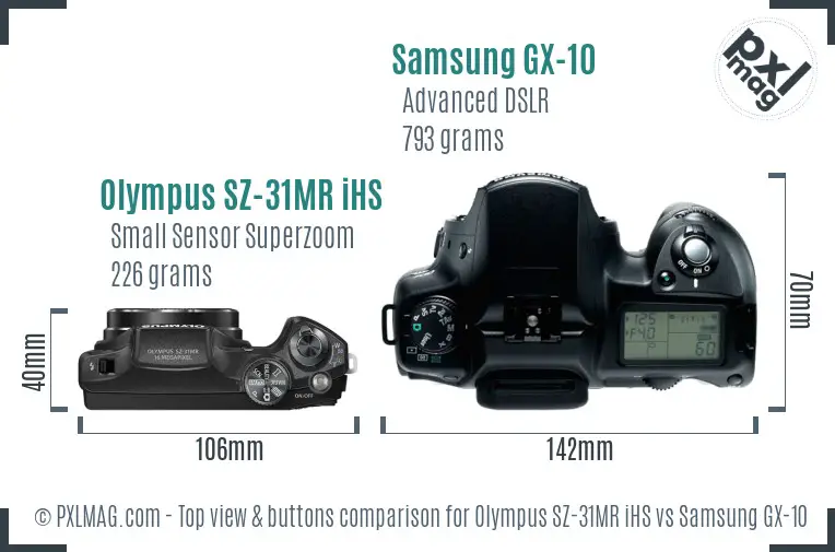 Olympus SZ-31MR iHS vs Samsung GX-10 top view buttons comparison