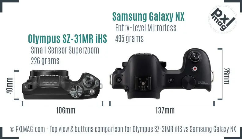Olympus SZ-31MR iHS vs Samsung Galaxy NX top view buttons comparison
