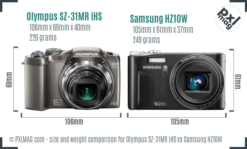 Olympus SZ-31MR iHS vs Samsung HZ10W size comparison