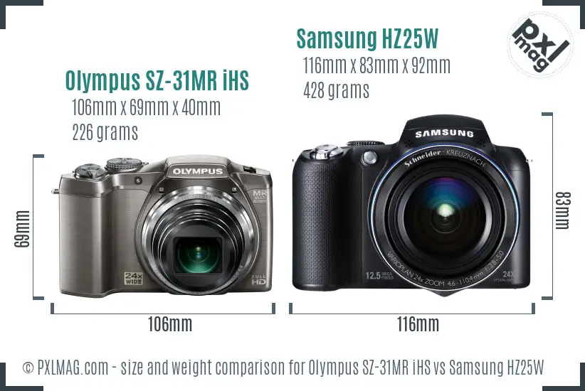 Olympus SZ-31MR iHS vs Samsung HZ25W size comparison