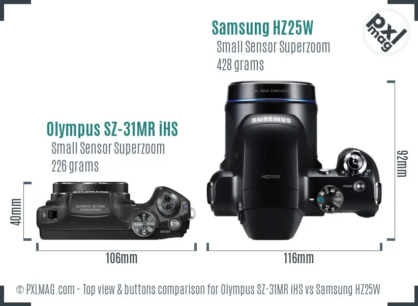 Olympus SZ-31MR iHS vs Samsung HZ25W top view buttons comparison