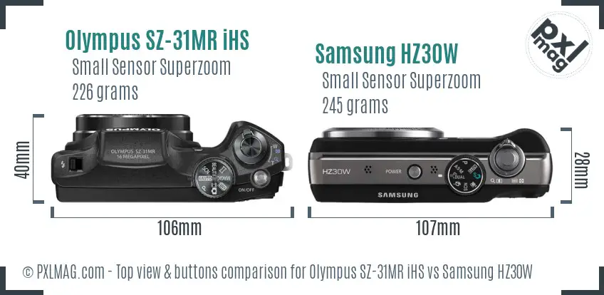 Olympus SZ-31MR iHS vs Samsung HZ30W top view buttons comparison