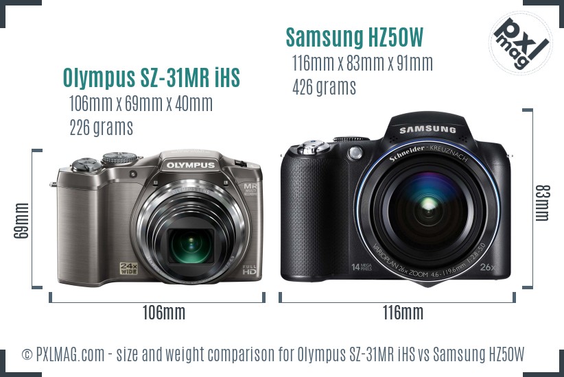 Olympus SZ-31MR iHS vs Samsung HZ50W size comparison