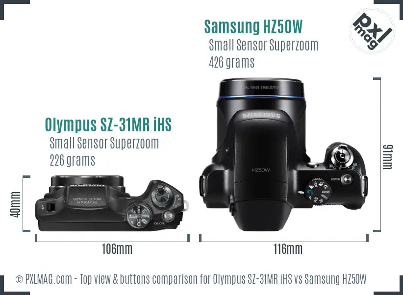 Olympus SZ-31MR iHS vs Samsung HZ50W top view buttons comparison