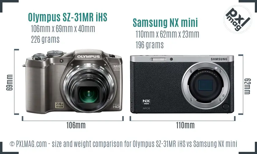 Olympus SZ-31MR iHS vs Samsung NX mini size comparison