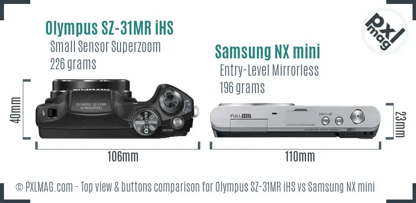 Olympus SZ-31MR iHS vs Samsung NX mini top view buttons comparison