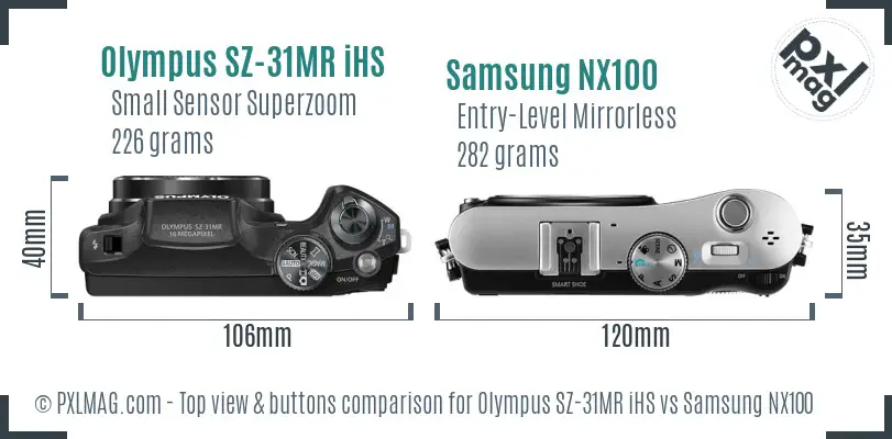 Olympus SZ-31MR iHS vs Samsung NX100 top view buttons comparison Olympus SZ-31MR iHS vs Samsung NX100 top view buttons comparison