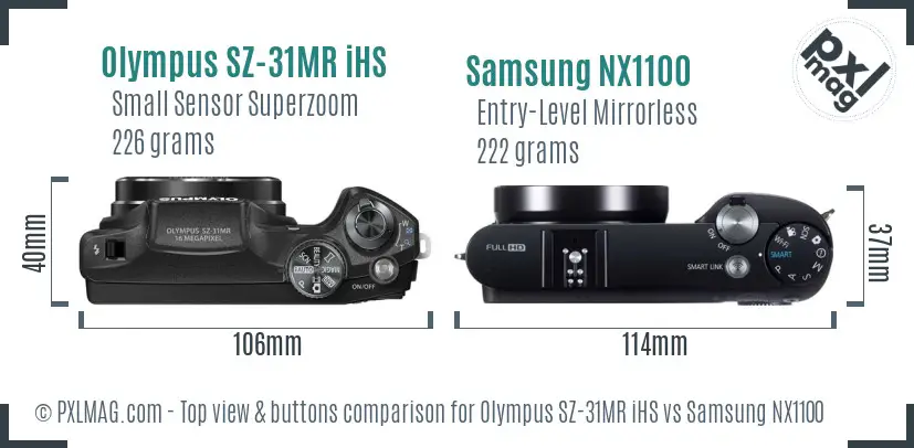 Olympus SZ-31MR iHS vs Samsung NX1100 top view buttons comparison Olympus SZ-31MR iHS vs Samsung NX1100 top view buttons comparison