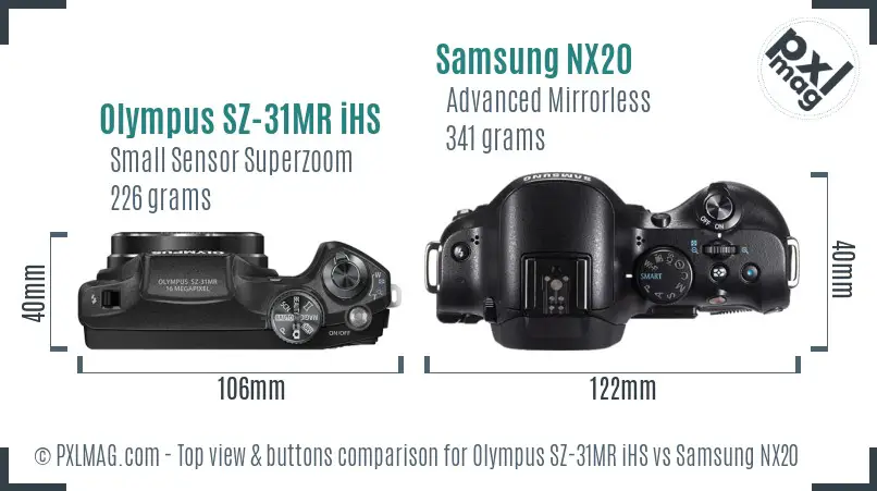Olympus SZ-31MR iHS vs Samsung NX20 top view buttons comparison
