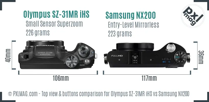 Olympus SZ-31MR iHS vs Samsung NX200 top view buttons comparison
