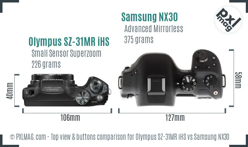 Olympus SZ-31MR iHS vs Samsung NX30 top view buttons comparison