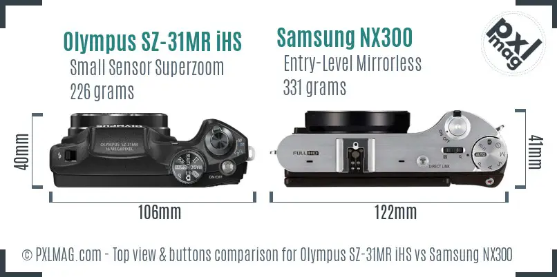 Olympus SZ-31MR iHS vs Samsung NX300 top view buttons comparison