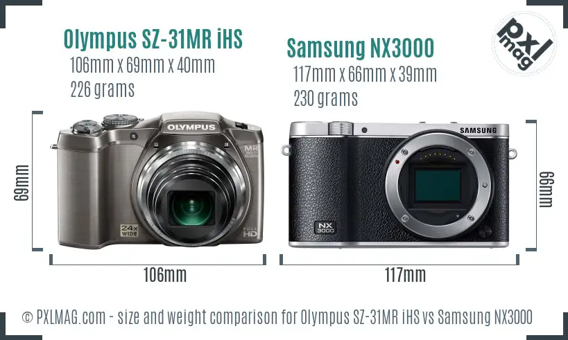 Olympus SZ-31MR iHS vs Samsung NX3000 size comparison