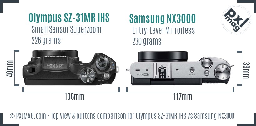 Olympus SZ-31MR iHS vs Samsung NX3000 top view buttons comparison