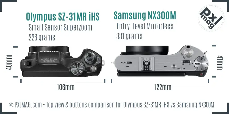 Olympus SZ-31MR iHS vs Samsung NX300M top view buttons comparison
