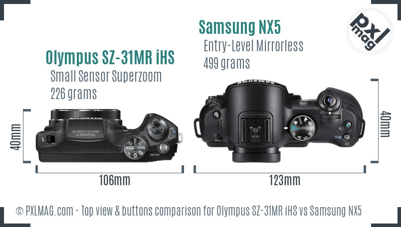 Olympus SZ-31MR iHS vs Samsung NX5 top view buttons comparison