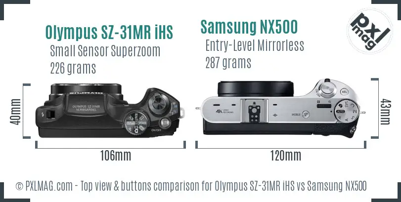 Olympus SZ-31MR iHS vs Samsung NX500 top view buttons comparison Olympus SZ-31MR iHS vs Samsung NX500 top view buttons comparison