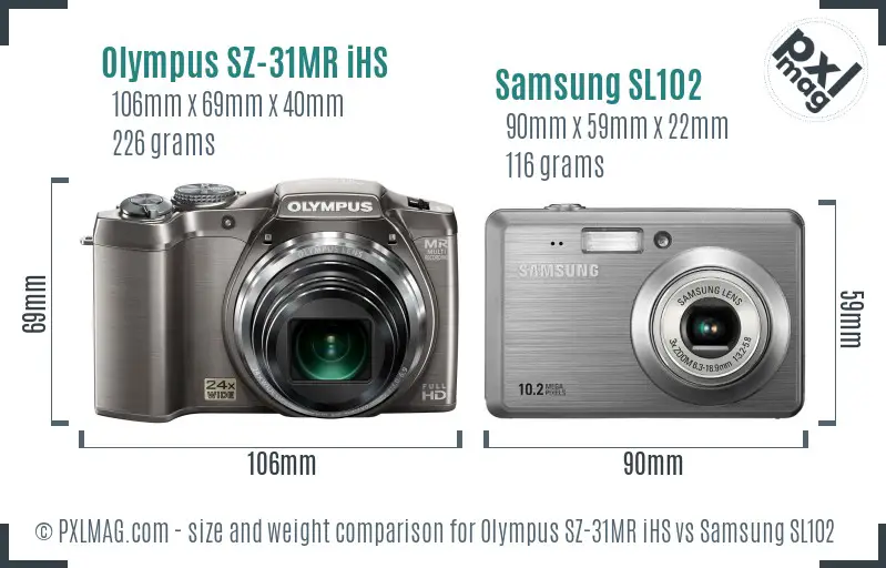 Olympus SZ-31MR iHS vs Samsung SL102 size comparison
