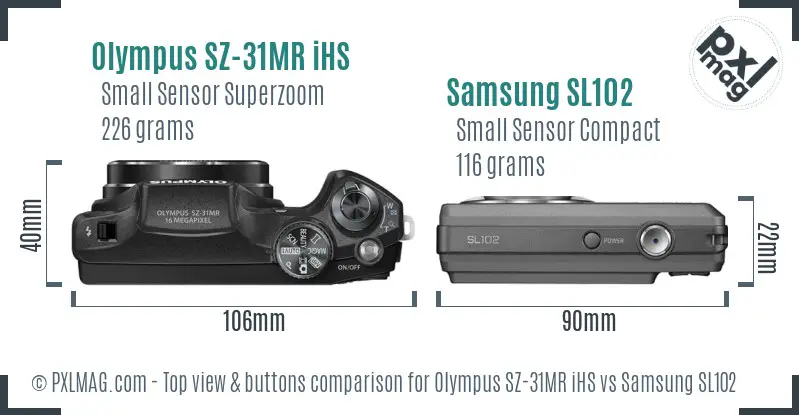 Olympus SZ-31MR iHS vs Samsung SL102 top view buttons comparison