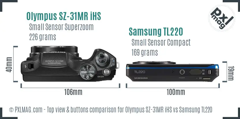 Olympus SZ-31MR iHS vs Samsung TL220 top view buttons comparison Olympus SZ-31MR iHS vs Samsung TL220 top view buttons comparison