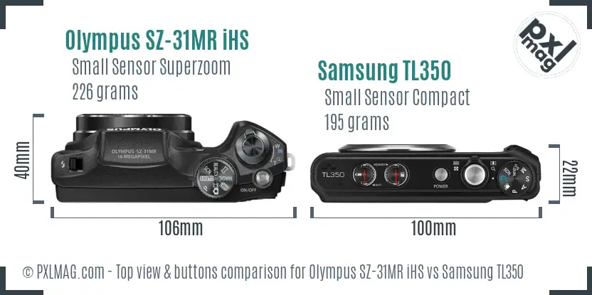 Olympus SZ-31MR iHS vs Samsung TL350 top view buttons comparison Olympus SZ-31MR iHS vs Samsung TL350 top view buttons comparison