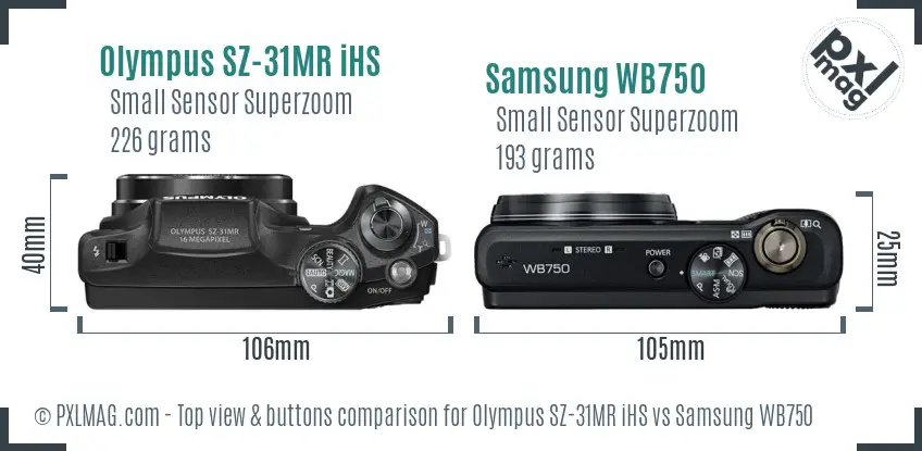 Olympus SZ-31MR iHS vs Samsung WB750 top view buttons comparison Olympus SZ-31MR iHS vs Samsung WB750 top view buttons comparison
