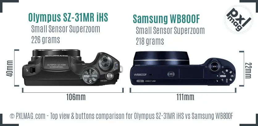 Olympus SZ-31MR iHS vs Samsung WB800F top view buttons comparison Olympus SZ-31MR iHS vs Samsung WB800F top view buttons comparison