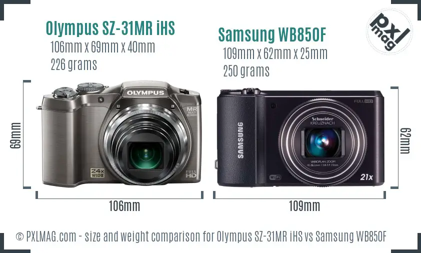 Olympus SZ-31MR iHS vs Samsung WB850F size comparison