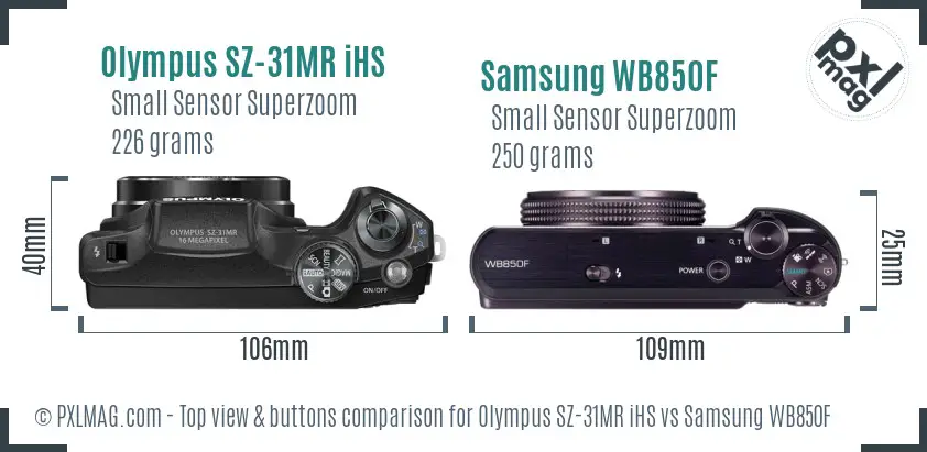Olympus SZ-31MR iHS vs Samsung WB850F top view buttons comparison
