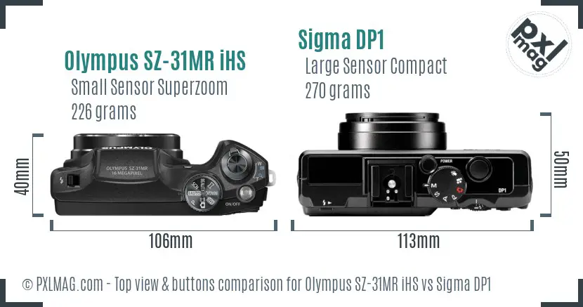 Olympus SZ-31MR iHS vs Sigma DP1 top view buttons comparison Olympus SZ-31MR iHS vs Sigma DP1 top view buttons comparison