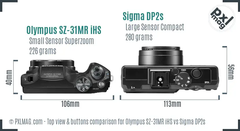 Top view design and control layout comparison of Olympus SZ-31MR iHS and Sigma DP2s