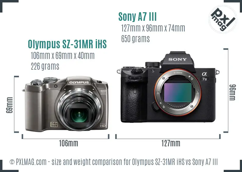 Olympus SZ-31MR iHS vs Sony A7 III size comparison