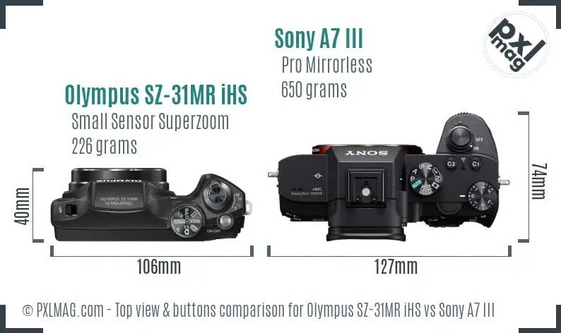 Olympus SZ-31MR iHS vs Sony A7 III top view buttons comparison