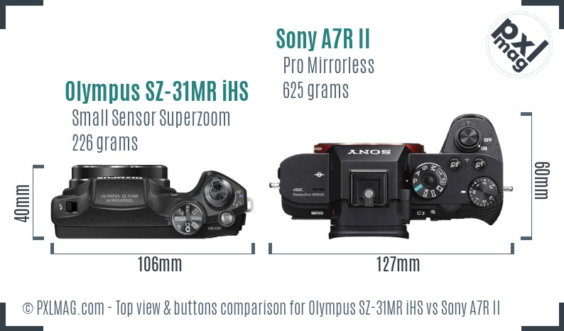 Olympus SZ-31MR iHS vs Sony A7R II top view buttons comparison