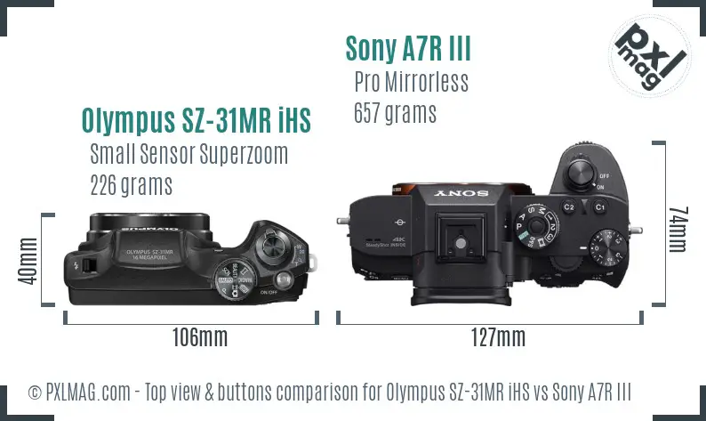 Olympus SZ-31MR iHS vs Sony A7R III top view buttons comparison